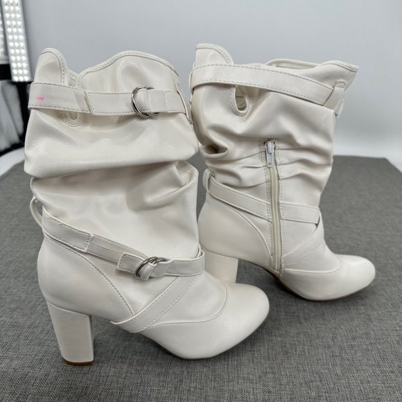 Bamboo Daystar Boots Mid Calf 9 Off White Zipper Brand New Scrunched 3” Heels - Picture 5 of 16